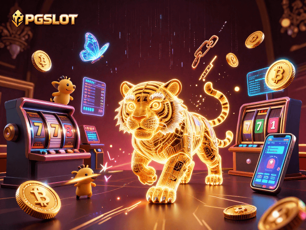 Engage with PGSLOT's thrilling gaming experience featuring a vibrant casino landscape filled with dynamic 3D elements.