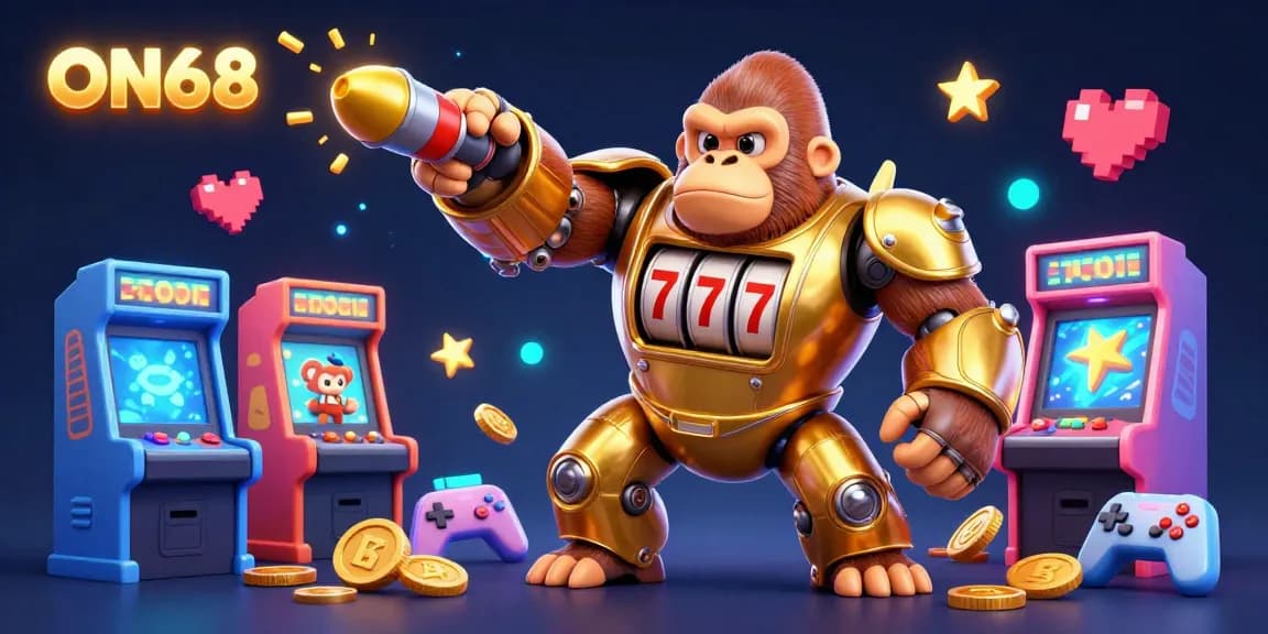 Experience the thrill of gaming at ON68 with a golden gorilla mech and explosive gameplay elements.