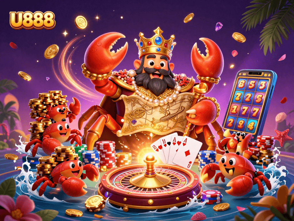 Experience thrilling gameplay at U888 with a vibrant scene featuring a golden crab emperor and festive casino elements.