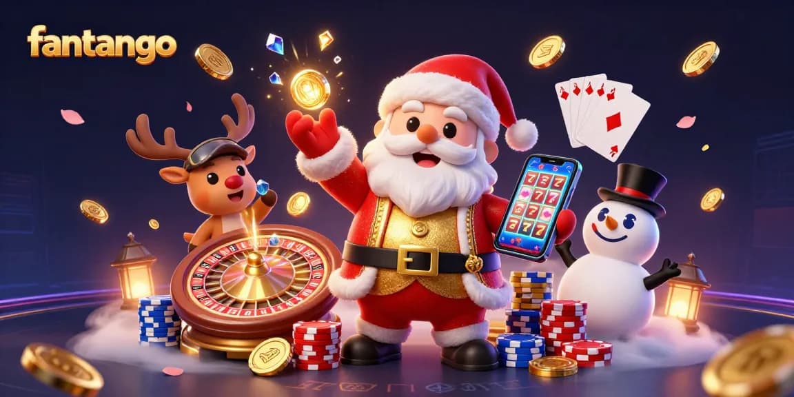 Experience the thrill of fantango with a colorful casino scene featuring Santa, a reindeer dealer, and a snowman.