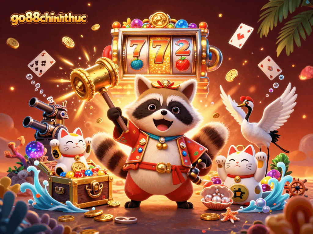 Go88chinhthuc showcases a festive tanuki, lucky mallet, and vibrant slot symbols in a rich casino scene