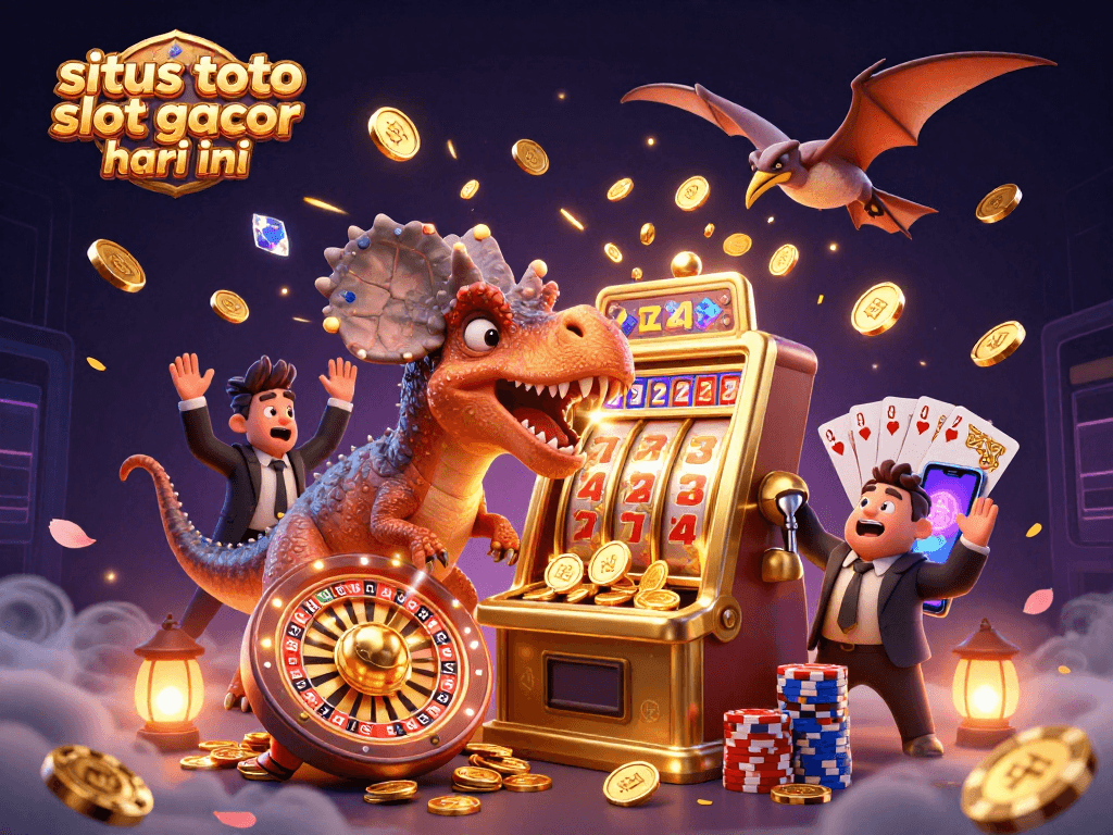 Visualize excitement with a dinosaur-themed jackpot scene featuring situs toto slot gacor hari ini elements and colorful coins.