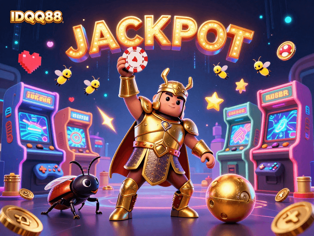 IDQQ88 reveals a 3D hercules beetle celebrating a jackpot win amidst glowing casino elements.