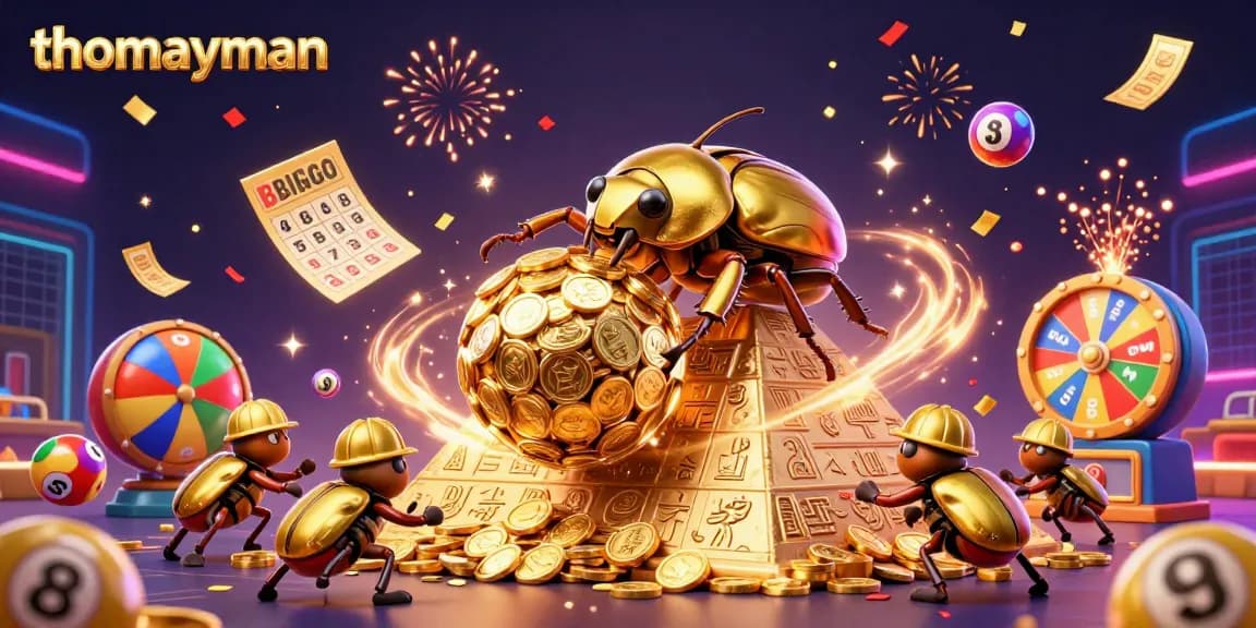 Engage in thrilling gameplay with thomayman featuring golden coins, vibrant lottery elements, and casino excitement.