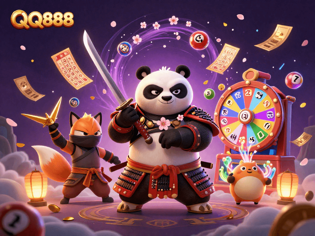 Engage with QQ888's dynamic gaming experience featuring vibrant lottery elements and lively characters.
