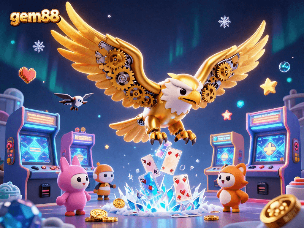 Experience thrilling wins with gem88, featuring a dynamic scene of a cybernetic eagle and gaming elements.