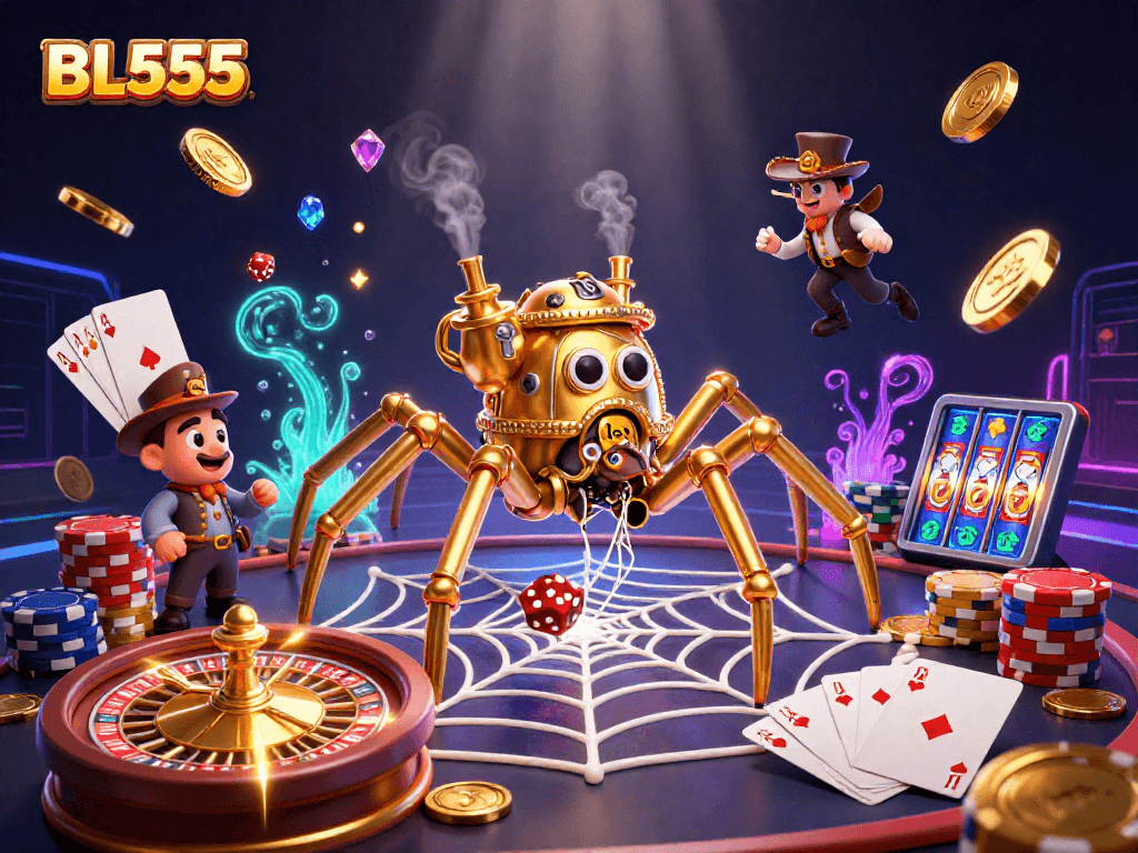 Experience thrilling gameplay at BL555's casino with golden coins, roulette, and poker elements.