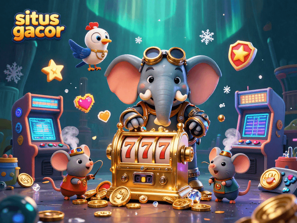 Bermain di situs gacor dengan mesin slot emas yang dikelilingi karakter unik, menambah pengalaman perjudian yang menyenangkan.