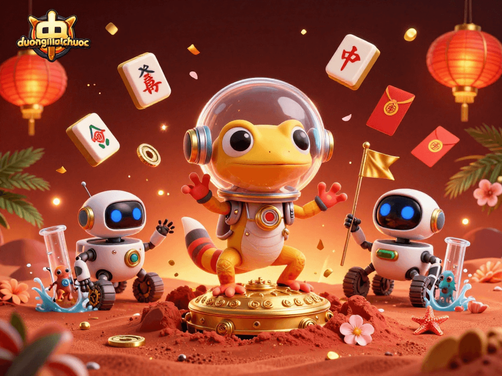 Experience the excitement of duongmatchuoc with Martian characters discovering a golden casino amidst festive elements.