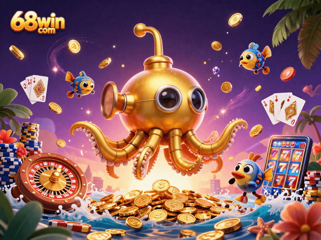 Experience excitement and rewards at 68win com with golden kraken submarine amid coins and gems.