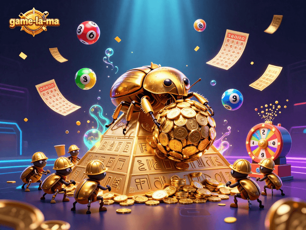 Join the fun at game-la-ma with a lively scene of golden beetles and dynamic lottery activities.