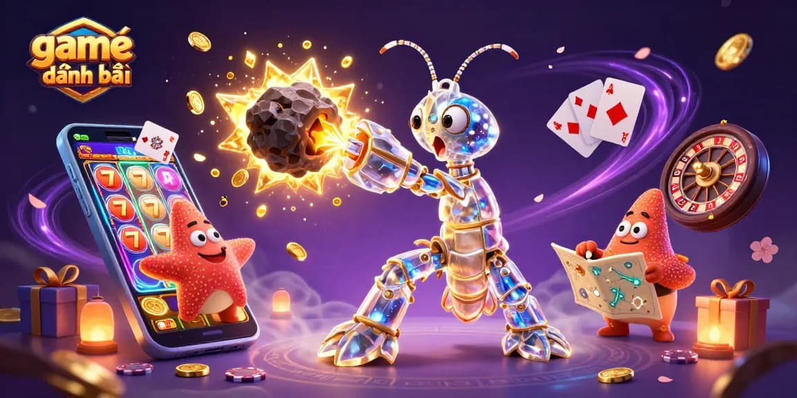 Engage in game đánh bài with dynamic elements in a rich 3D casino adventure scene featuring vibrant gaming icons.