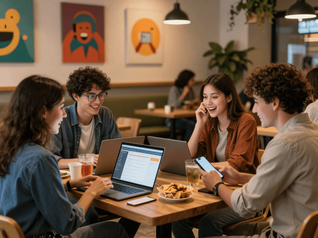 Group enjoying spicy chat in a vibrant digital café with laptops and laughter.
