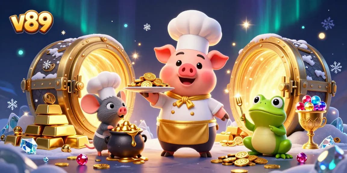 Permainan slot v89 dengan inovasi menarik, menampilkan koki babi dan tikus sous-chef dalam suasana berkilauan.