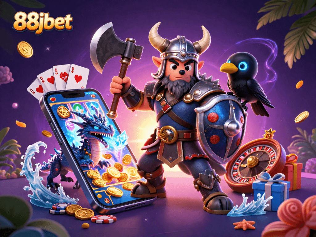Spin to win with 88jbet in a vibrant 3D illustration of Viking warriors, dragon, and casino elements.