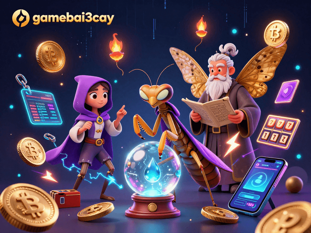Experience thrilling gameplay at gamebai3cay with a vibrant 3D casino-themed illustration of fortune tellers.