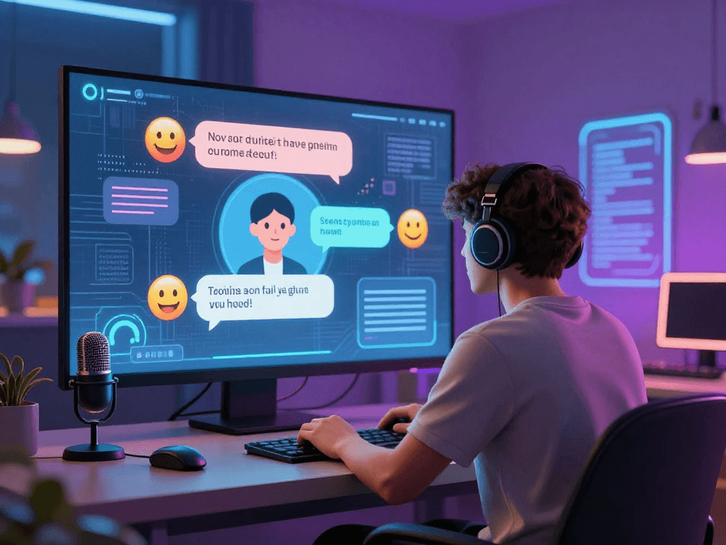Engaging AI chat porn conversation in a futuristic digital space with avatars and emoticons.