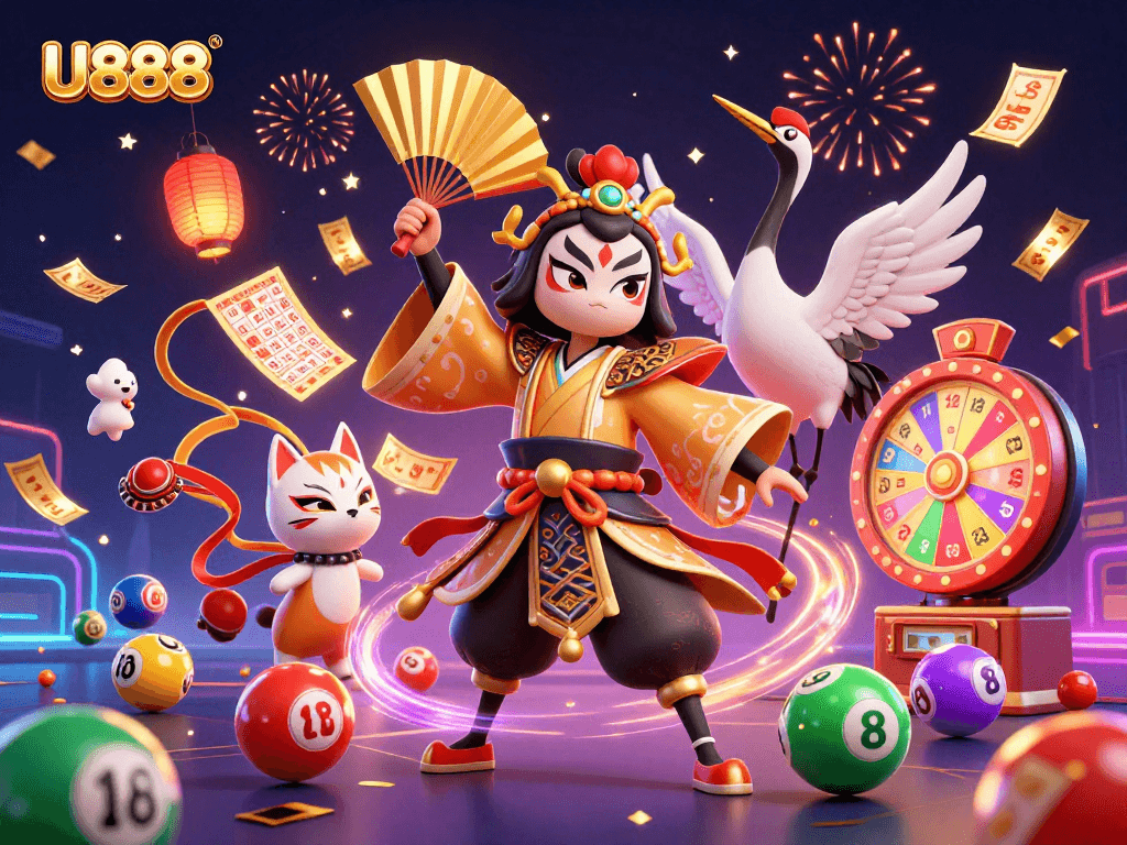 Experience the thrill of U888 casino games with vibrant lottery balls and festive elements.