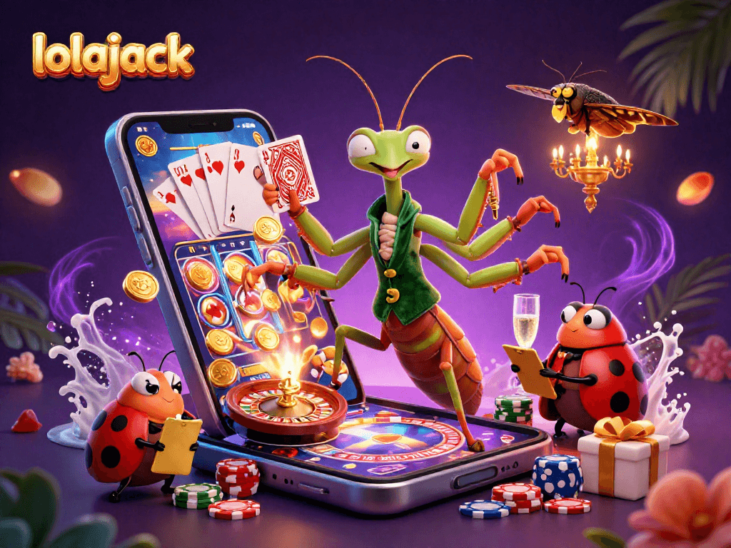 Experience the thrill of lolajack with vibrant cards, coins, and dynamic slot elements in a lively casino scene.