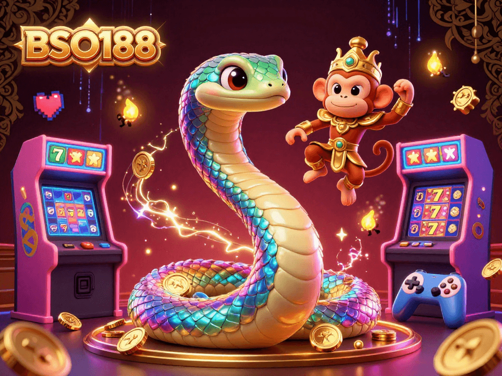 Experience the thrilling excitement of BSO188 with vibrant slot reels and a dynamic 3D gaming illustration.