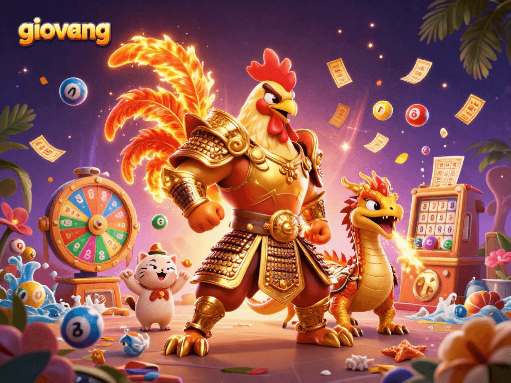 Experience the thrill of giovang with a vibrant 3D illustration of gaming elements and characters.