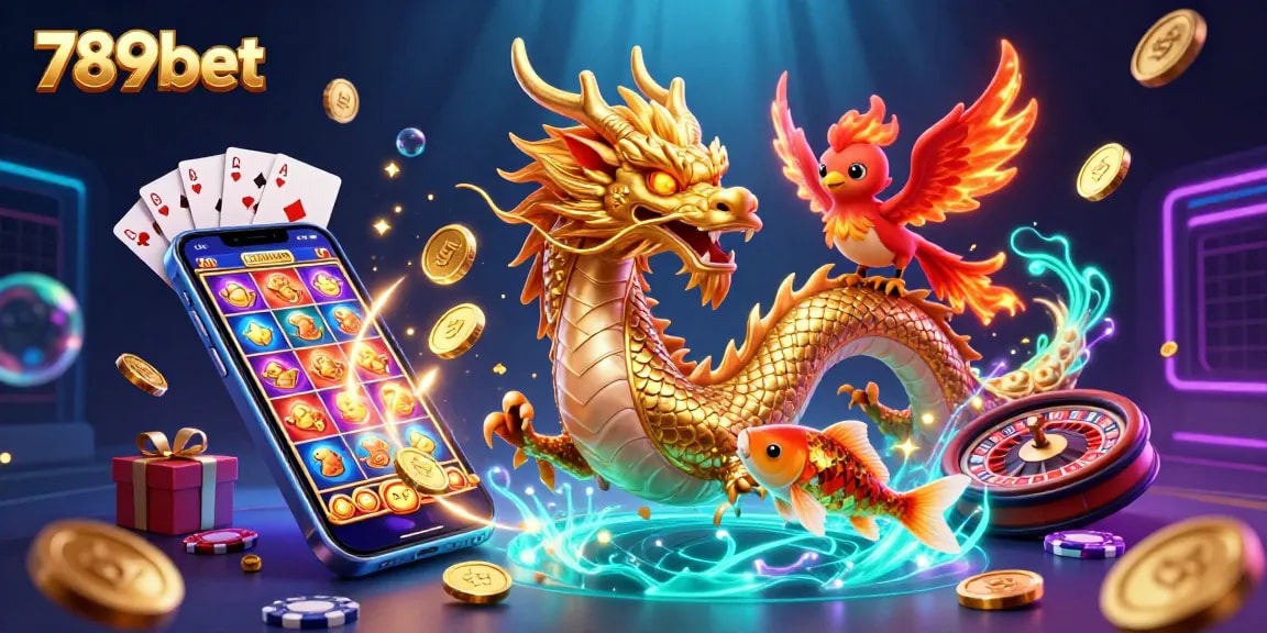 Experience thrilling wins with 789bet's dynamic casino scene featuring a dragon, phoenix, and slot games.