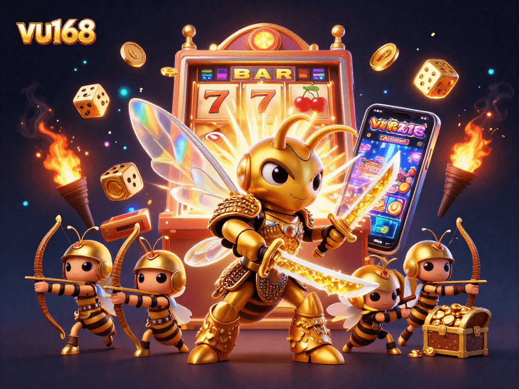 vu168 features a dynamic scene with a golden hornet and casino symbols, showcasing exciting gameplay.