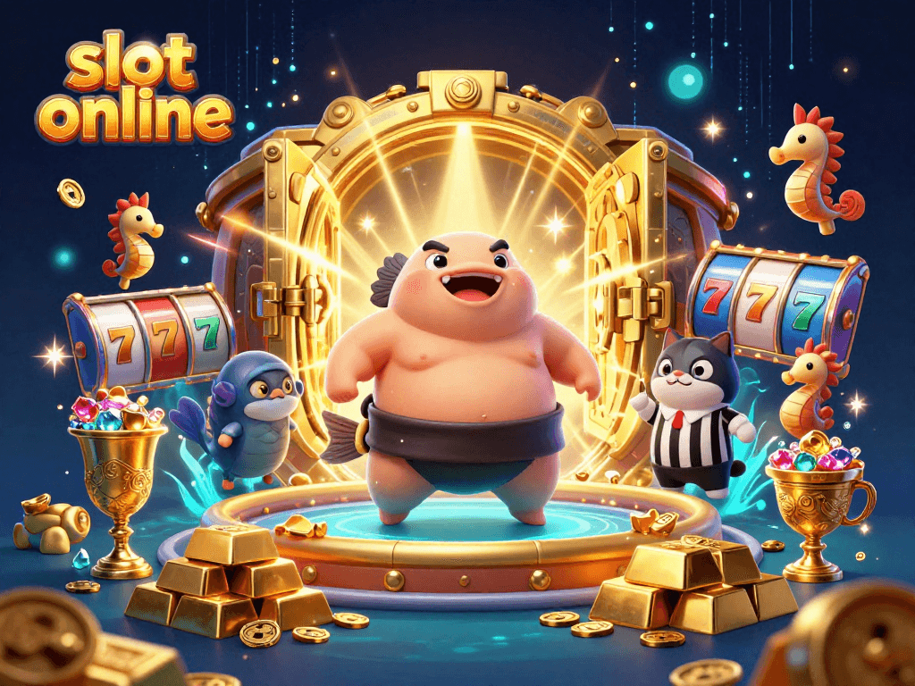 Slot online menawarkan pengalaman bermain dengan fugu raksasa dan gemerlap harta karun di latar belakang bawah laut.