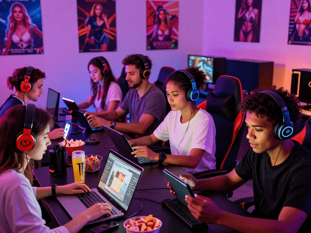 Players engaged in exciting sexgames on laptops and mobile devices in a vibrant gaming room.
