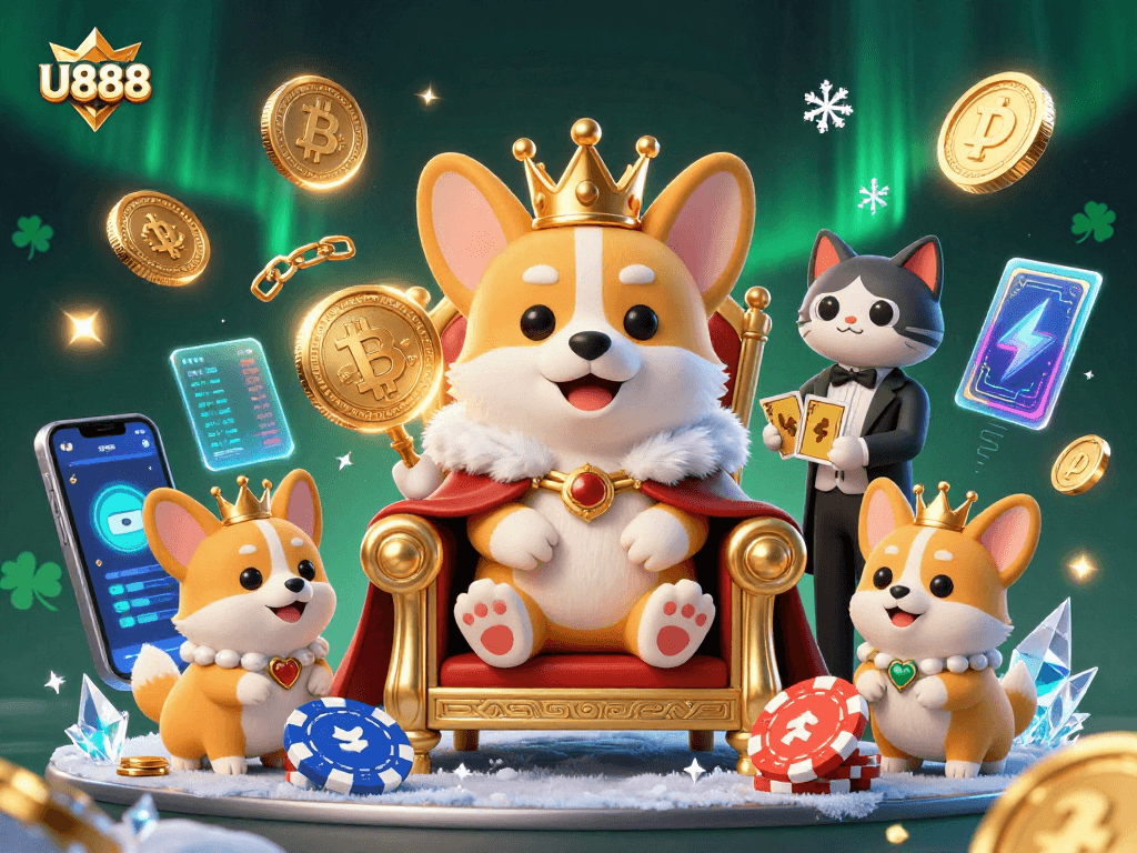 Experience U888's royal gaming with a crowned corgi amidst vibrant casino elements and crypto coins.