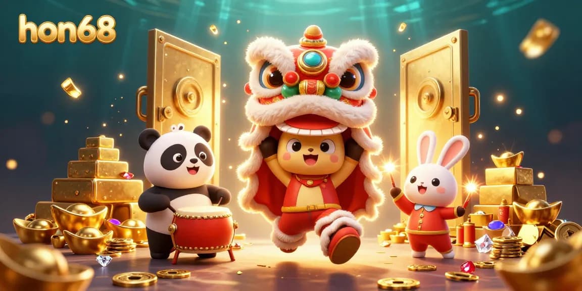 Celebrate wins with hon68's vibrant casino scene featuring lion dancers and treasure!
