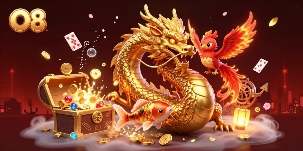 Experience epic wins at O8 through thrilling games with a golden dragon and radiant phoenix.