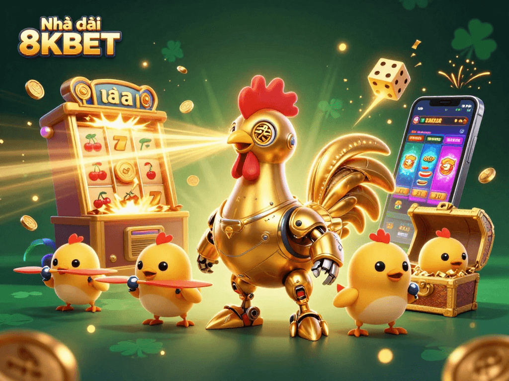 Engage with Nhà cái 8KBET in an exciting 3D casino adventure with a futuristic golden rooster and gameplay elements.