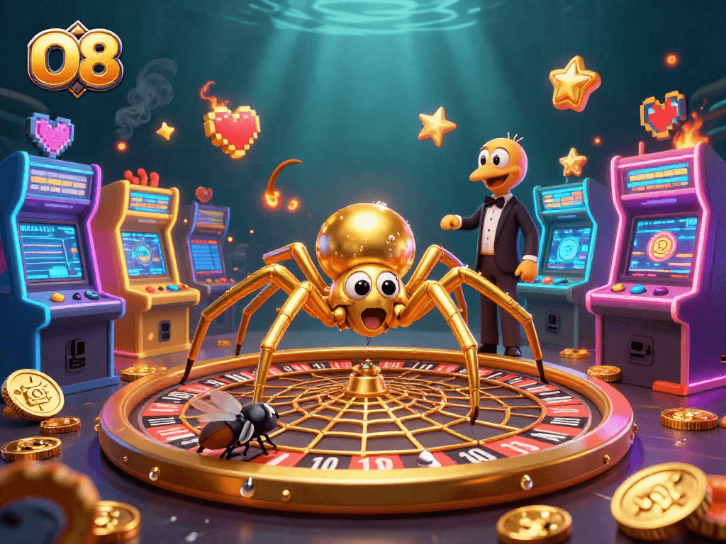 Experience exhilarating wins at O8 as a golden spider spins its roulette wheel web while betting on luck!