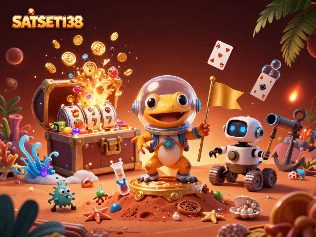 Mainkan SATSET138 dengan slot bergulir dan simbol keberuntungan di dalam kasino emas.