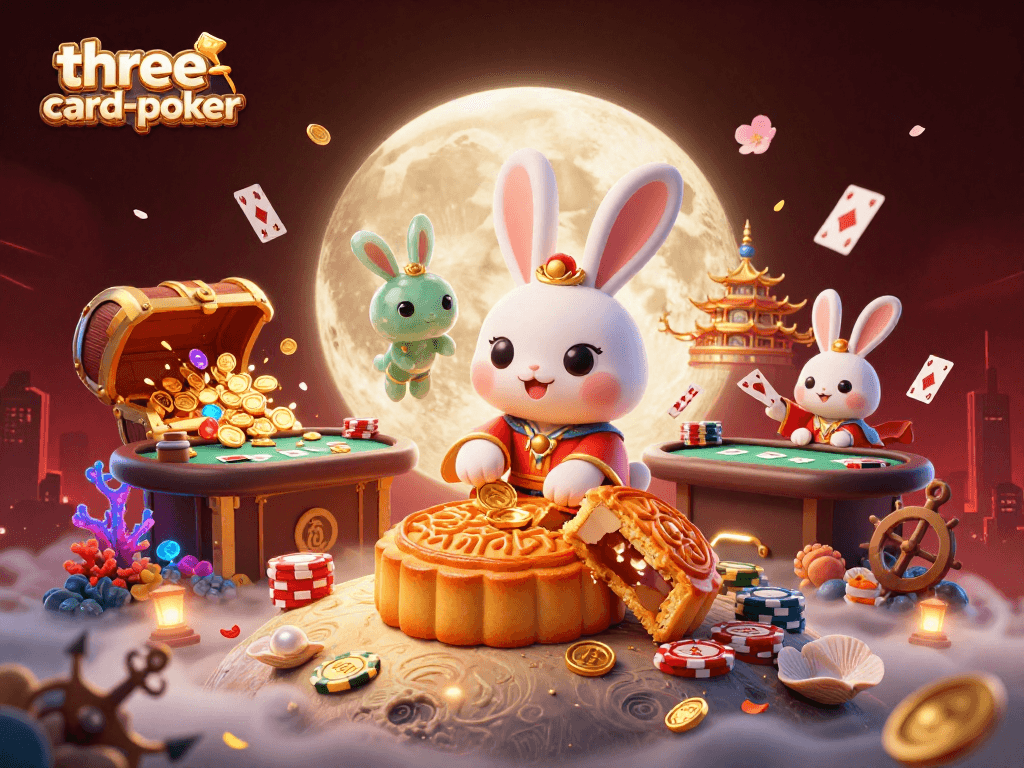 Experience three-card-poker excitement with a unique moon rabbit theme and rich casino elements.
