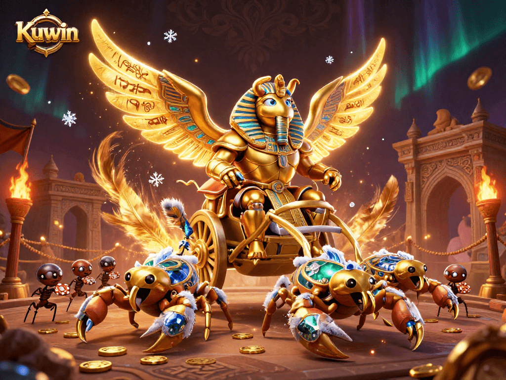 Engage in thrilling gameplay with Kuwin's colossal golden scarab beetle and scorpions chariot in a dynamic casino scene.