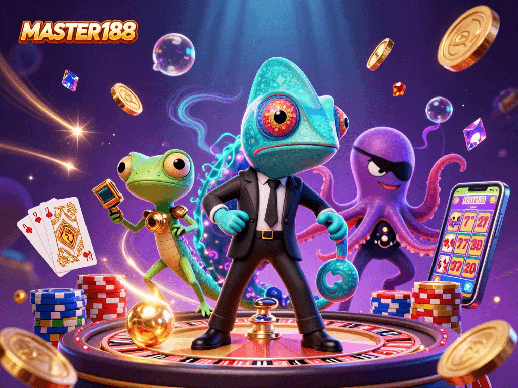 Engage with MASTER188's thrilling casino vibes featuring a cartoon chameleon and golden gems.