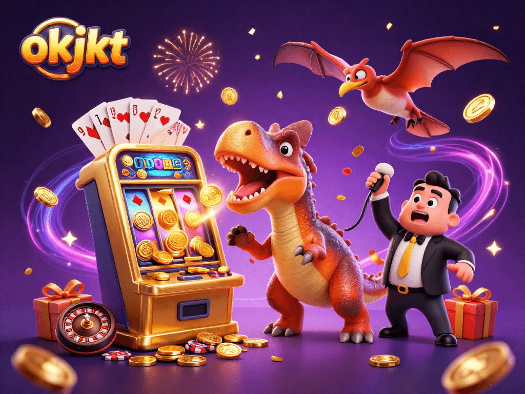 Menangkan jackpot di okjkt dengan kepala pachycephalosaurus memukul mesin slot emas dalam ilustrasi kasino yang ramai.