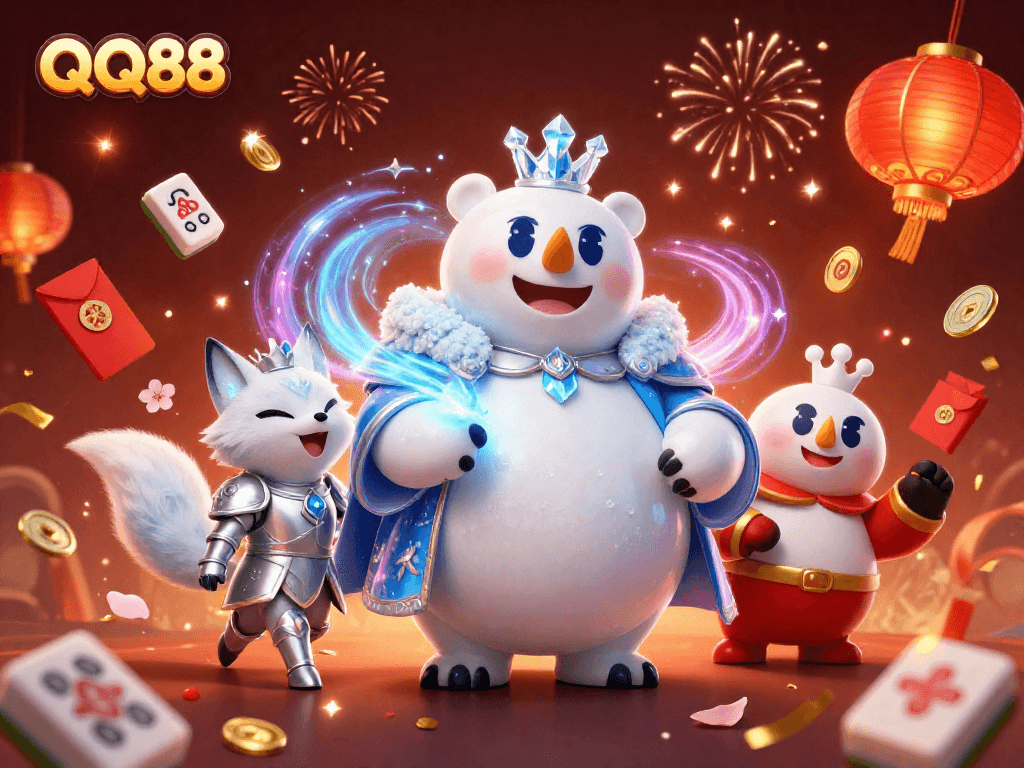 Experience the thrill of QQ88 with an enchanting 3D illustration of a festive casino scene.