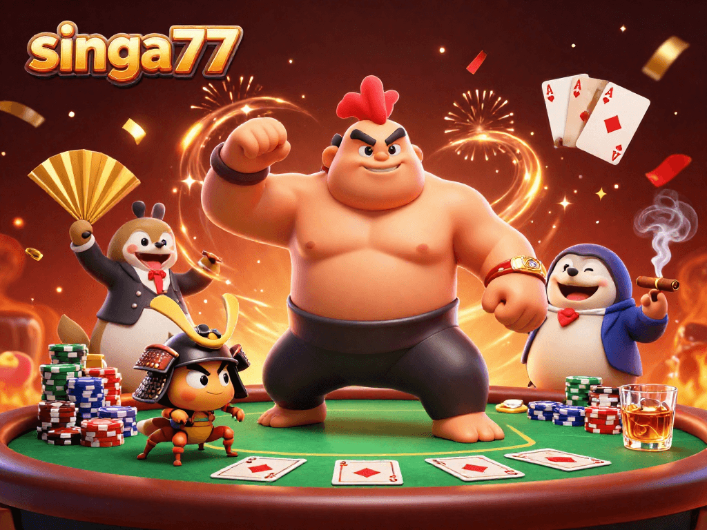 Singa77 presents a fierce showdown of characters in a dynamic poker scene, full of action and celebration.
