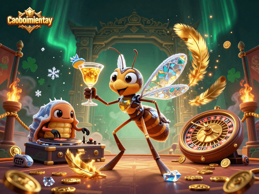 Catching the thrill of caoboimientay with a unique frozen mosquito mascot and a DJ in a vibrant casino scene.