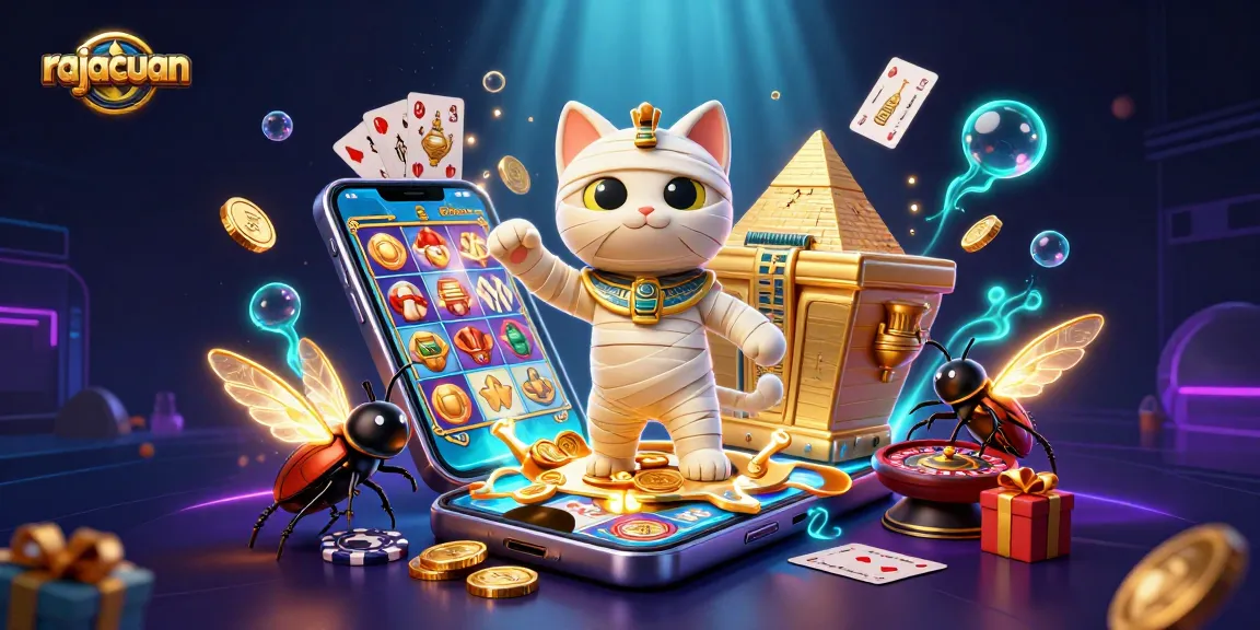 Engage with rajacuan's thrilling slot games featuring vibrant Mummy Cat and glimmering coins.