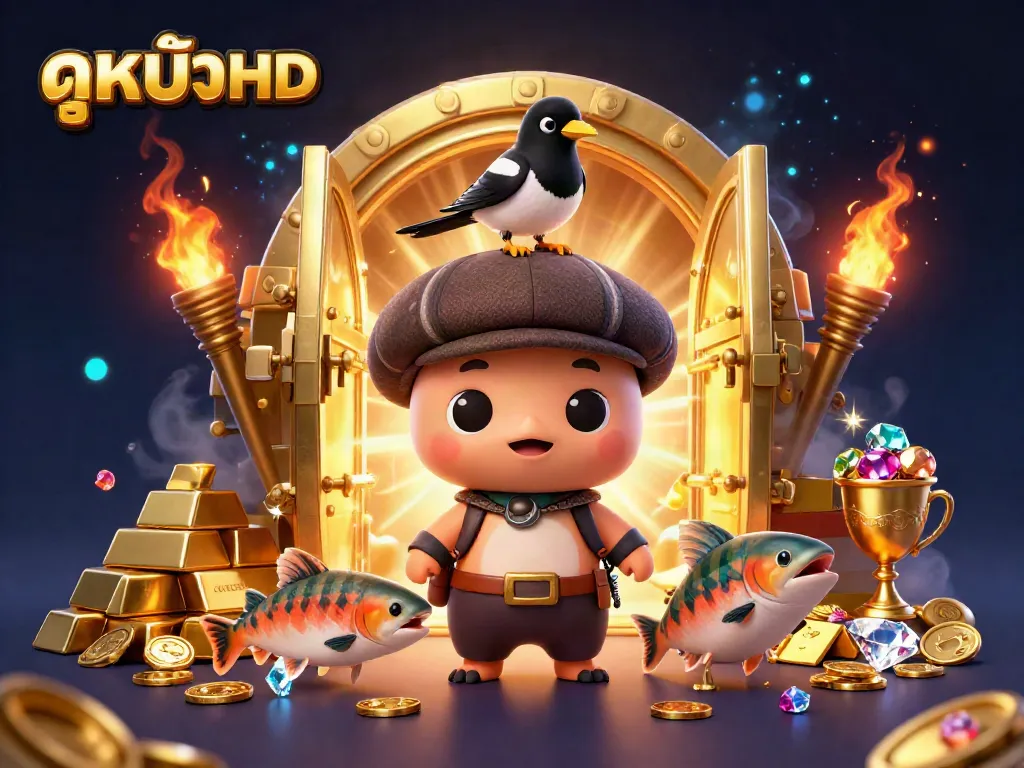 Engage with ดูหนังHD in a vibrant illustration of cute Nessie, a magpie, and colorful salmon amidst golden riches.