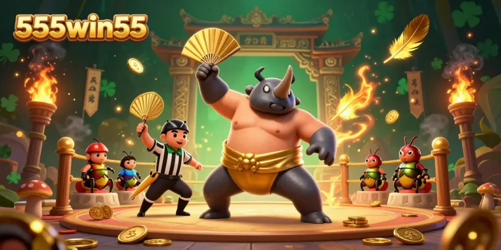 Experience thrilling action at 555win55 with a dynamic scene featuring a rhinoceros beetle sumo champion amidst flying coins and cheering spectators.