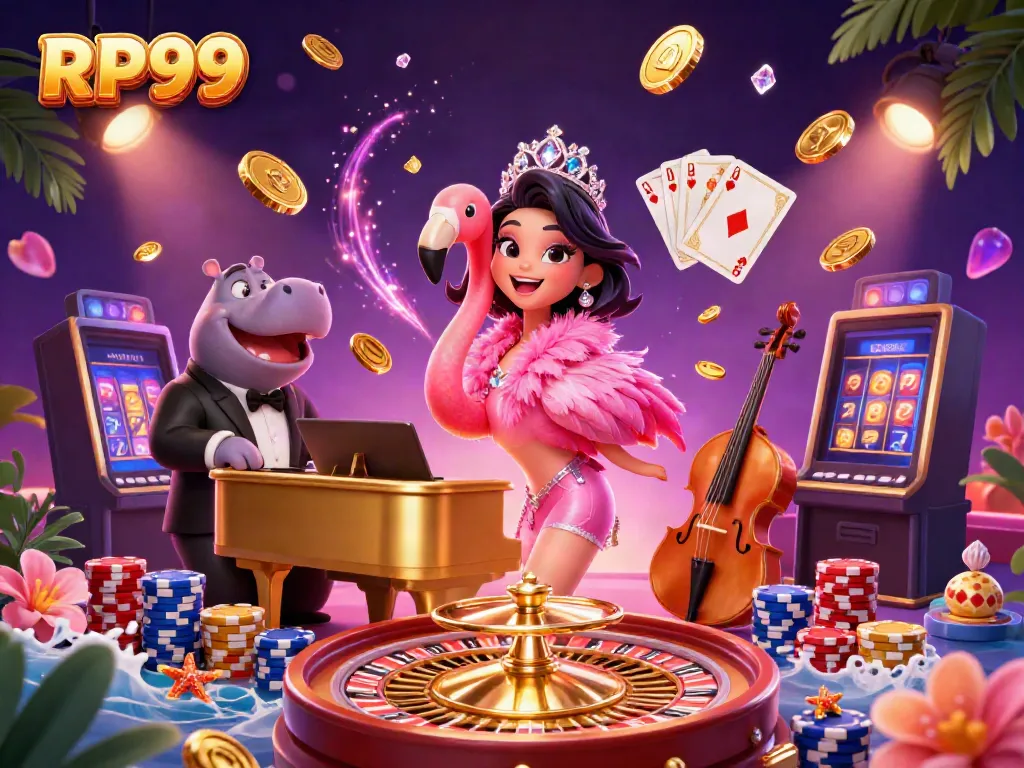 Experience the vibrant RP99 casino atmosphere with a flamingo singer and hippo bassist, surrounded by engaging game elements.