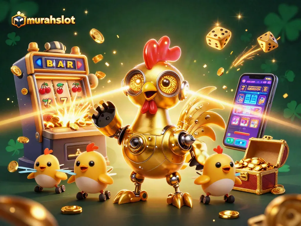 Menangkan jackpot di murahslot dengan mesin slot megah dan karakter robot lucu dalam ilustrasi 3D.