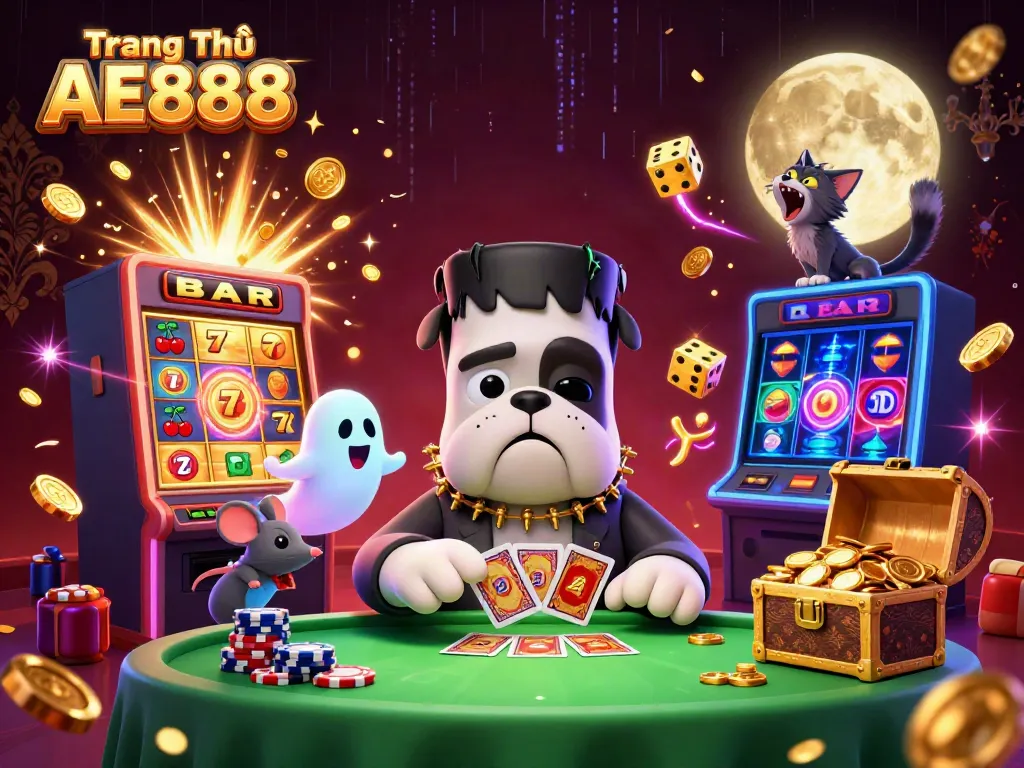 Engage in thrilling casino action at Trang Chủ AE888 with a lively scene of a Frankenstein bulldog dealing cards and a jackpot explosion.