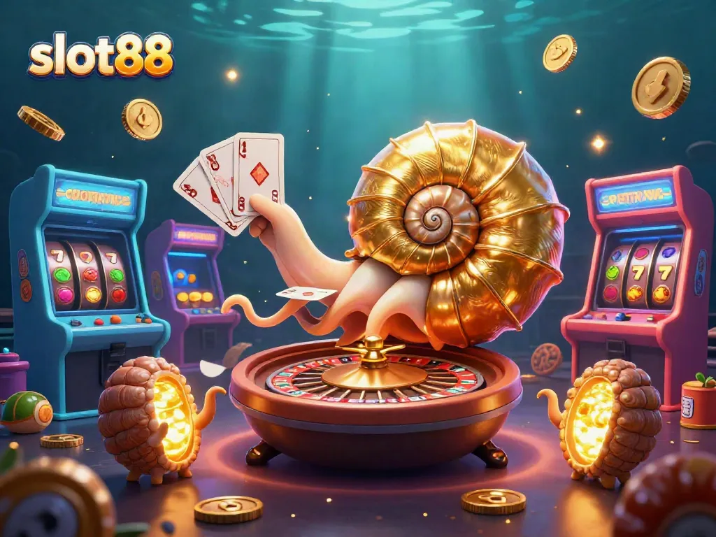 Permainan slot88 dengan karakter nautilus raksasa berputar dan simbol buah berkilau dalam suasana kasino.