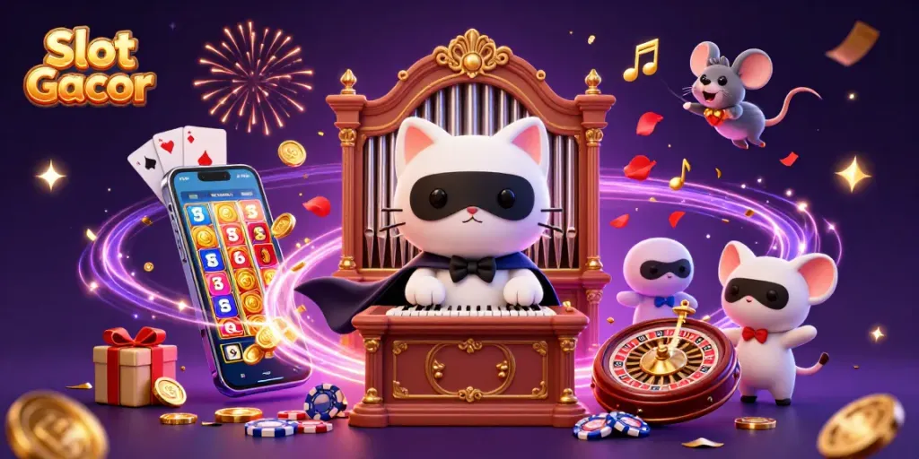 Experience the thrill of Slot Gacor with an energetic casino scene full of vibrant characters and gaming elements.
